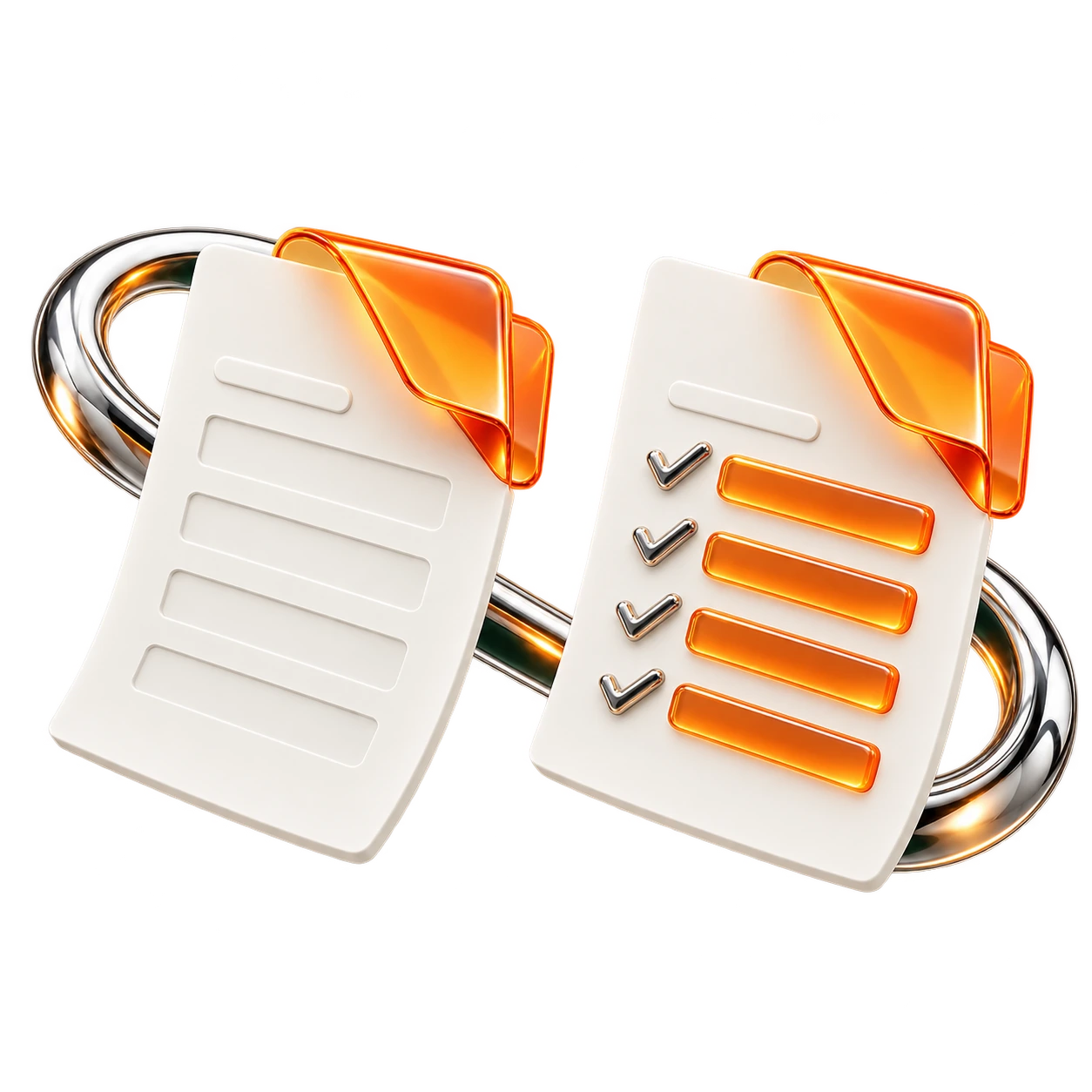 Two sculptural forms: an empty document on the left and a completed document with orange answer bars and chrome checkmarks on the right