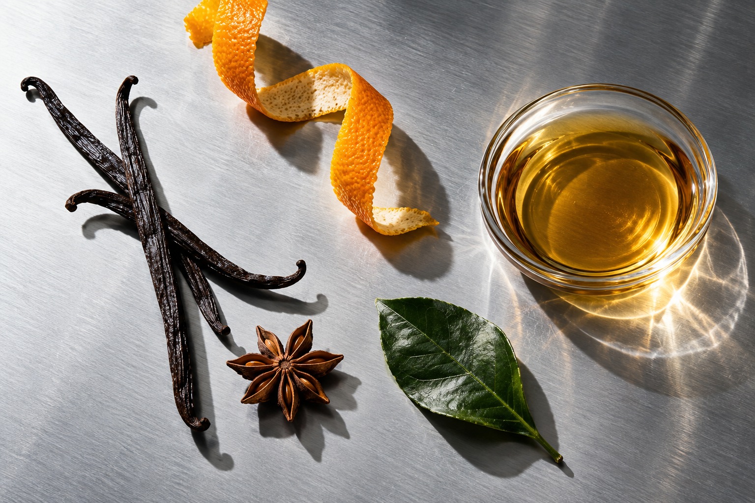 Citrus peel, vanilla, botanical ingredients and golden liquid arranged on a silver laboratory surface