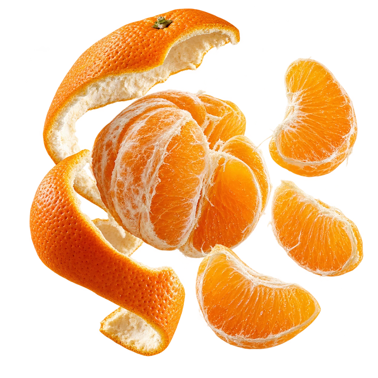 A photorealistic orange peeling open, with juicy segments floating apart from a curling ribbon of peel